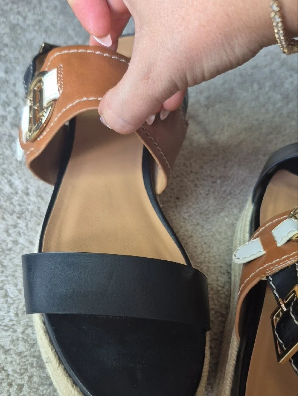 Tommy Hilfiger Two-Tone Black, Tan & White Espadrille Platform Sandals